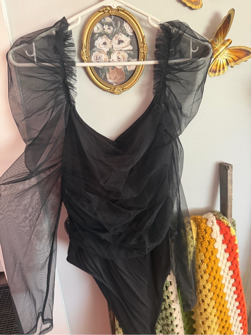 SHEIN Black Sheer Puff-Sleeve Draped Bodysuit